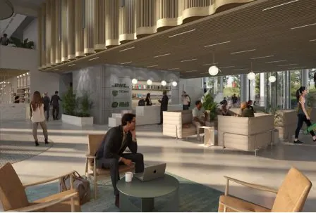 Moderne en lichte ontvangsthal aan de Marten Meesweg met zitgedeelte en balie van DHL.